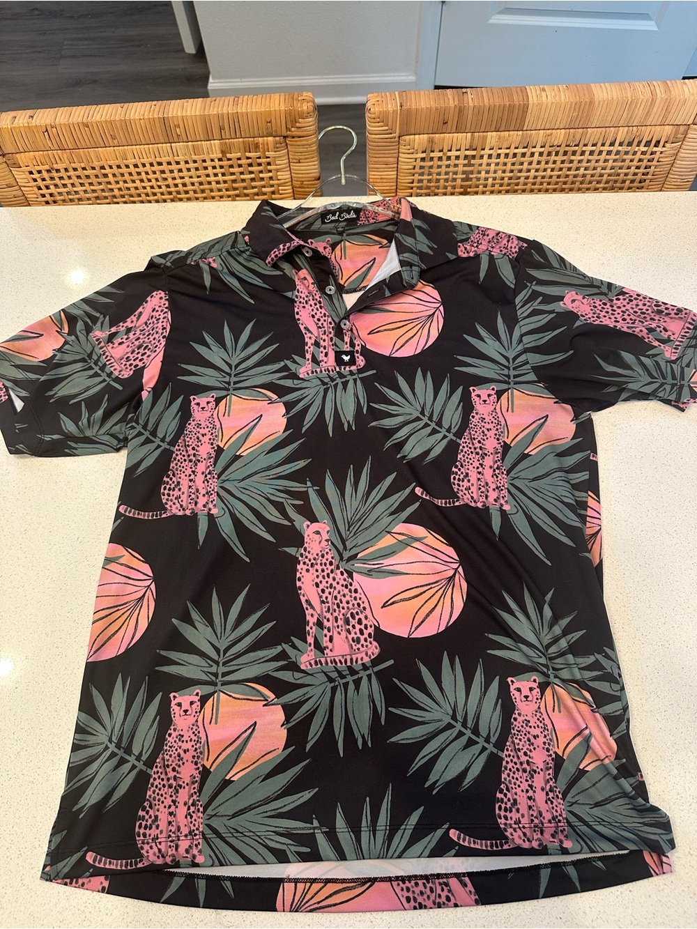 Bad Birdie Black Polo with Pink Leopard & Green Palm Print